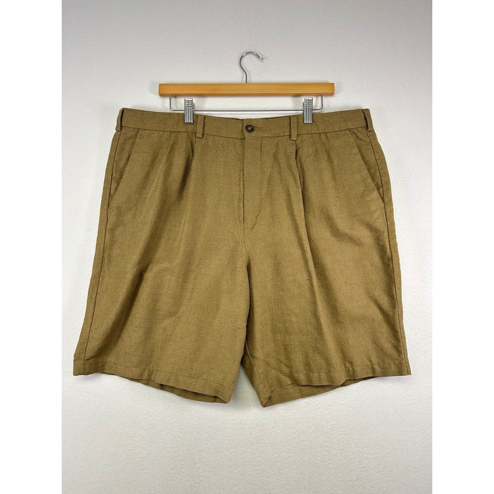 Coastal Old Money Dockers Mens 40 Brown Linen Blend Pleated Relaxed Fit Shorts